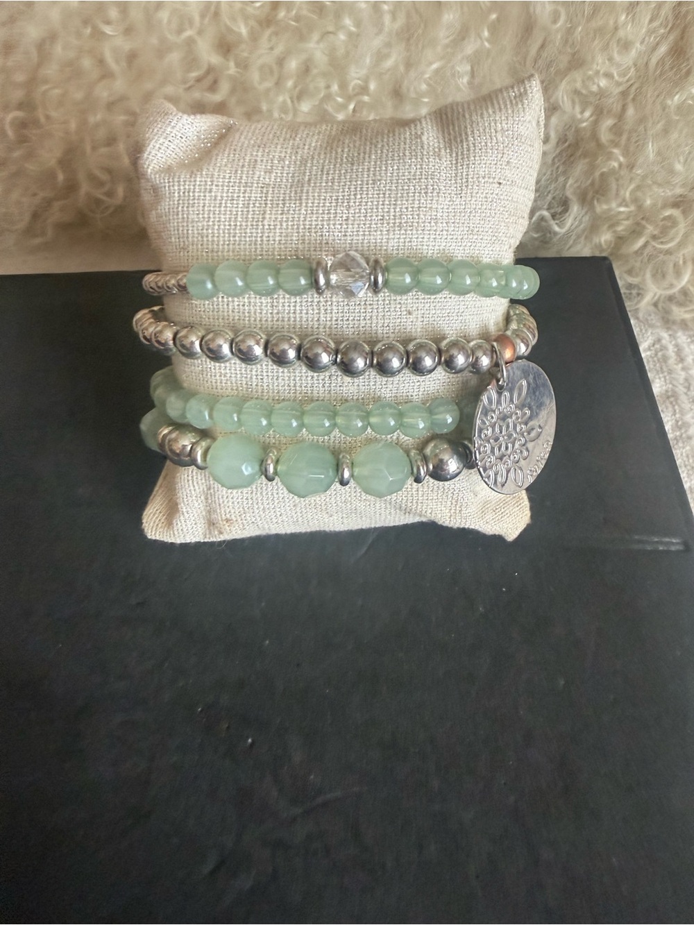 Stacked Mint Green Beaded Bracelet Set with Silver Accents